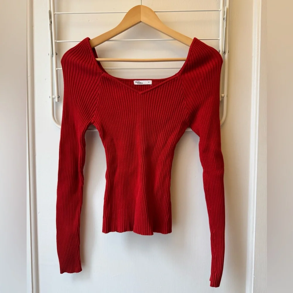 Red Ribbed Long Sleeve Top - Picture 1 of 5